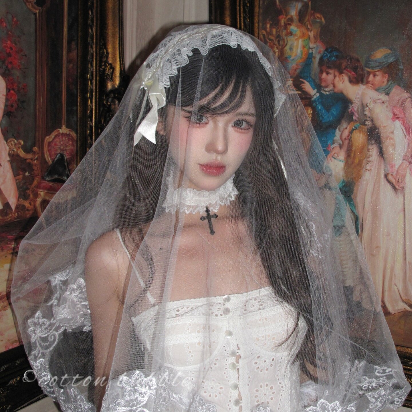 鬼新娘万圣节头饰复古白色蕾丝头纱领证结婚生日拍照道具婚纱发饰
