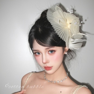 仙女网纱羽毛花朵小礼帽发夹生日头饰女法式复古留洋千金夸张发饰