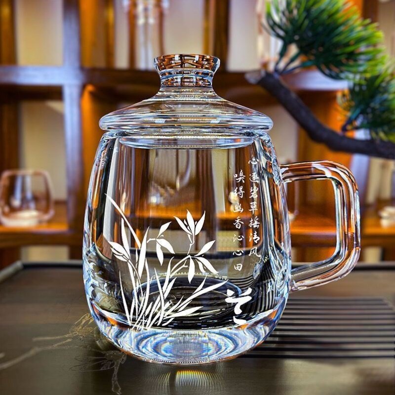 梅兰竹菊天然水晶茶杯原矿石带把家用水晶玻璃杯高级轻奢带盖加厚