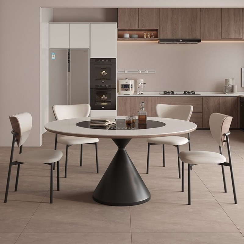 中古风实木岩板餐桌椅组合内嵌式多功能电动转盘暖菜板小户型圆桌