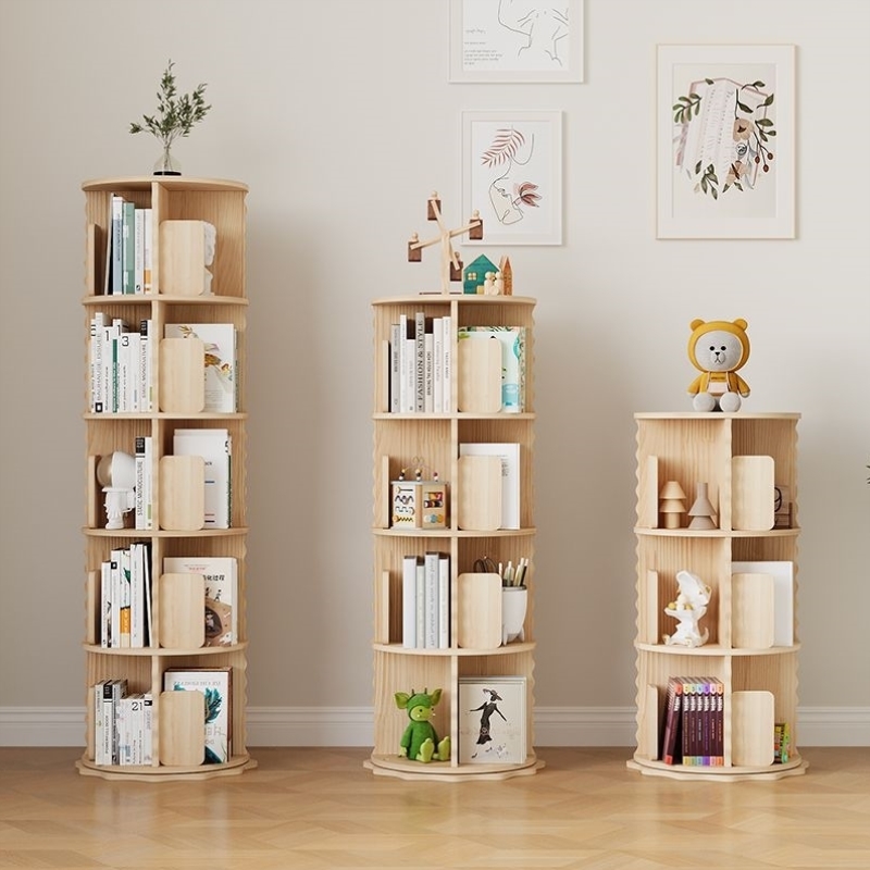 实木旋转书柜360度落地家用卧室小型会本收纳置物架儿童简单书架