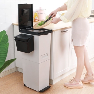 免弯腰厨房垃圾桶窄型双层分类垃圾桶高日式家用加高二合一网红