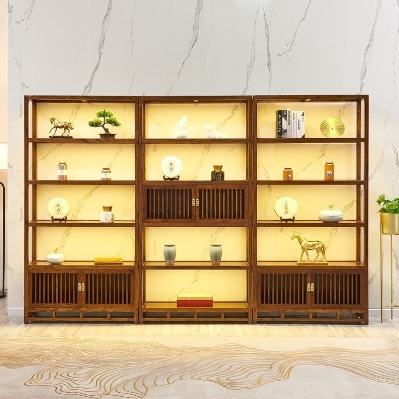 老榆木茶叶架新中式展架实木博古架货架定做简约现代书架带灯货架