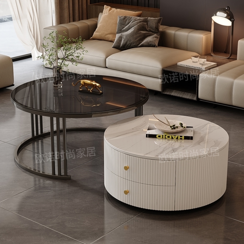茶几家用客厅轻奢风简约小户型茶几带抽屉大理石岩板圆形小茶几桌