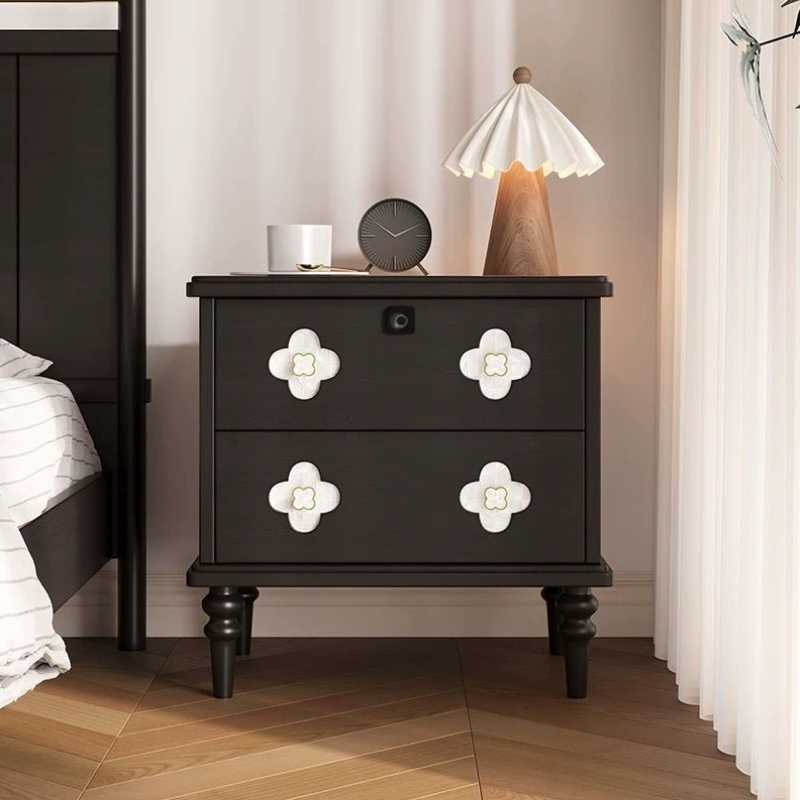 法式复古床头柜实木小型收纳黑色中古风储物矮柜家用卧室床边柜子