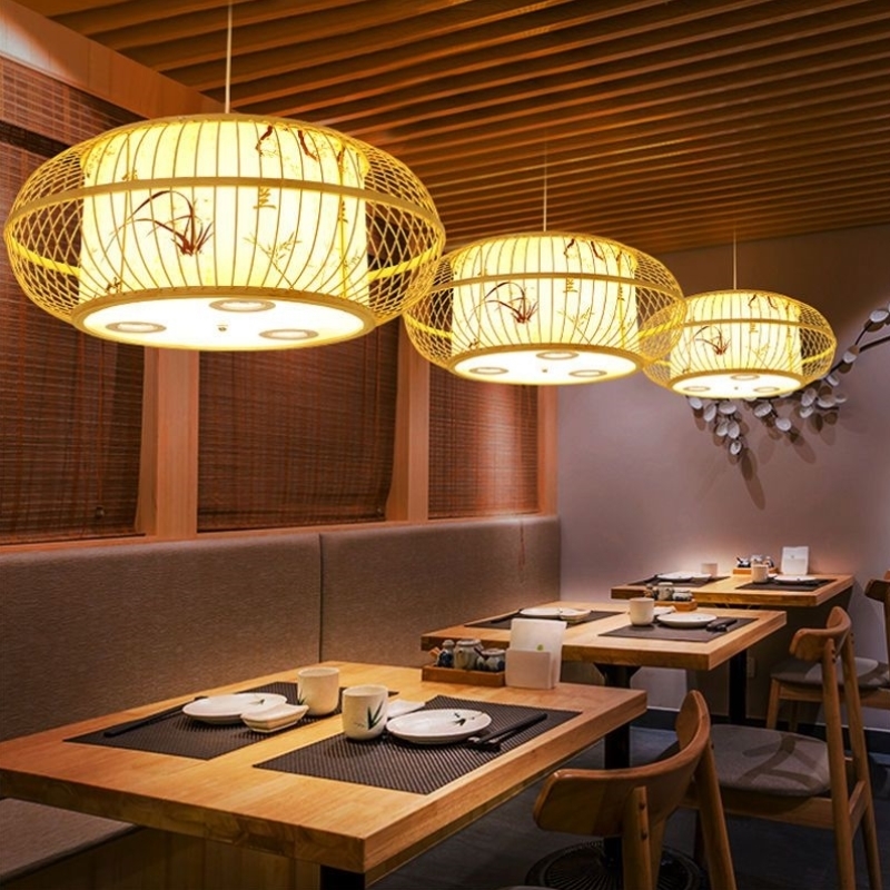 中式竹编湘菜馆餐厅茶室饭店创意灯具火锅店民宿吊灯带射灯餐饮灯