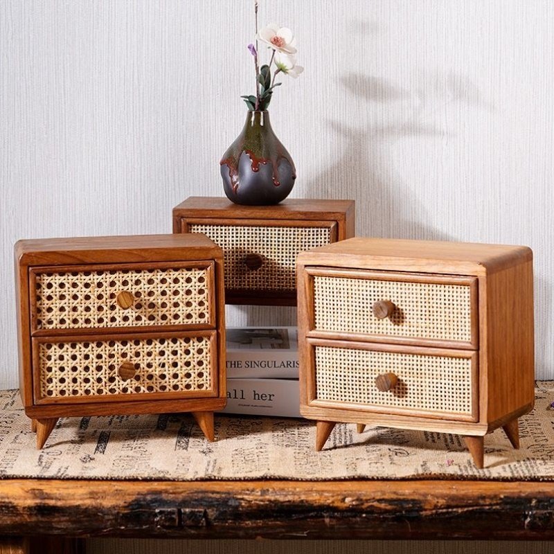 桌面木制收纳柜藤编小抽屉杂物储物盒办公室书桌上置物架文具箱柜