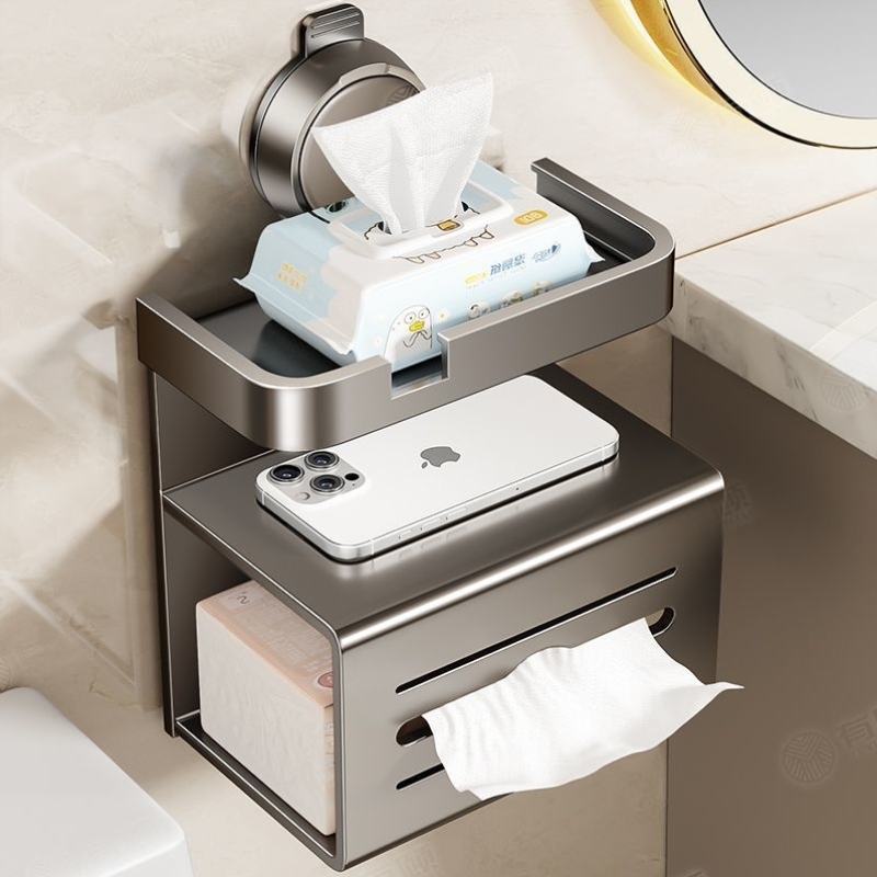 壁挂式吸盘卫生间纸巾盒三层免打孔防水防潮浴室卷纸抽纸两用架子