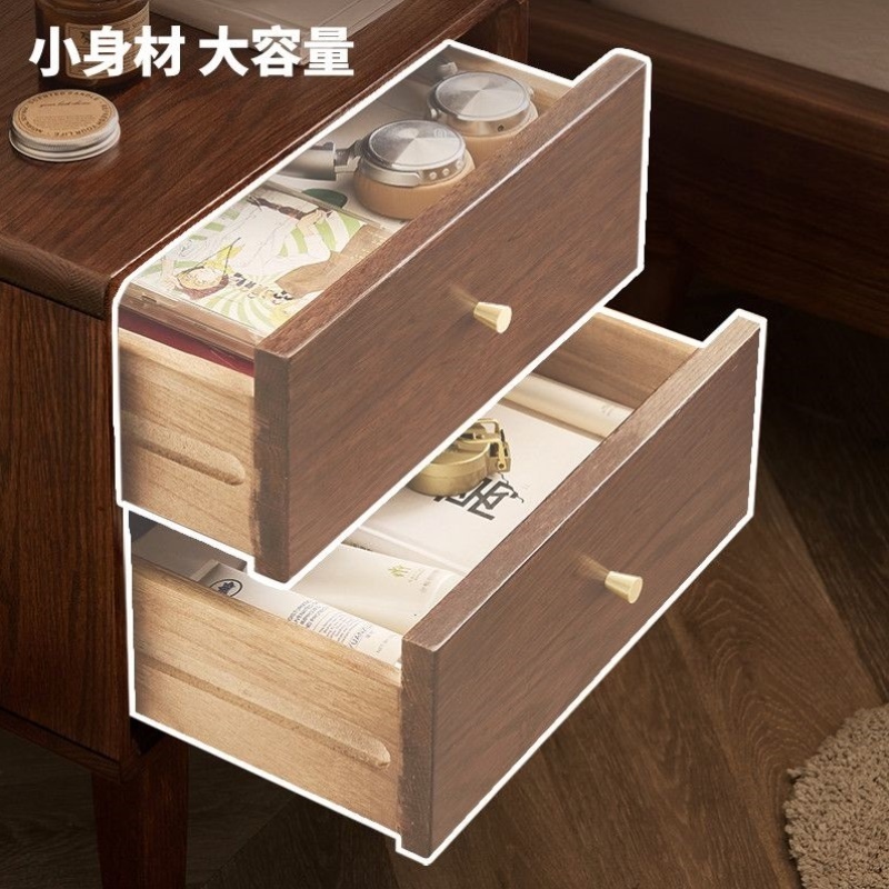 床头柜实木橡木胡桃色床边柜复古风卧室家用储物柜两抽收纳小柜子