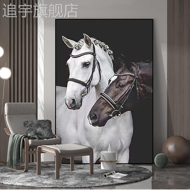 现代轻奢骏马装饰画入户玄关走廊马到成功挂画客厅沙发背景墙壁画图片