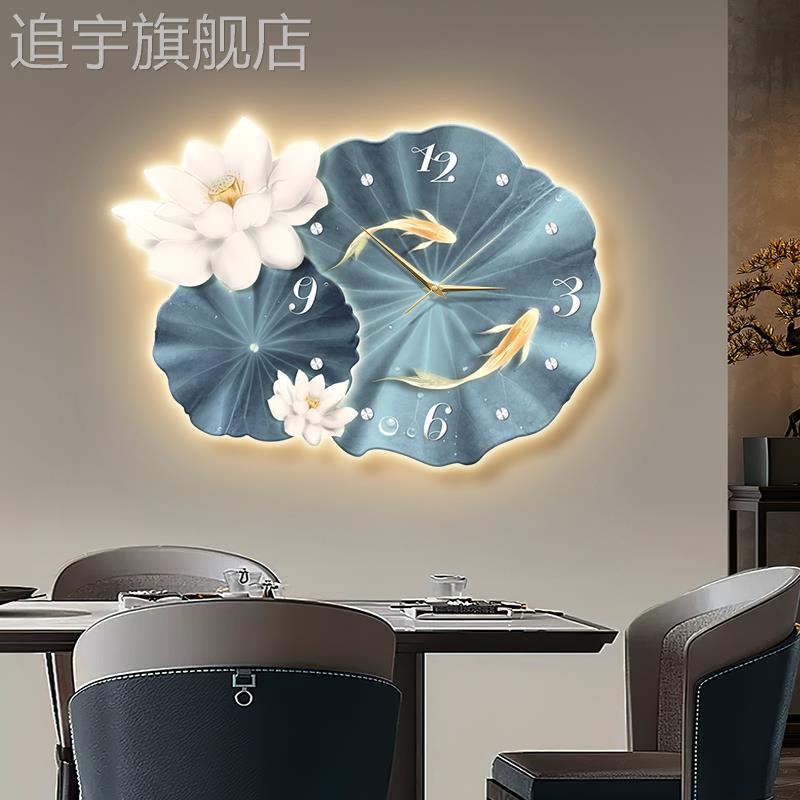 现代轻奢餐厅带钟表装饰画九鱼荷花挂钟壁画高档客厅玄关时钟挂画图片