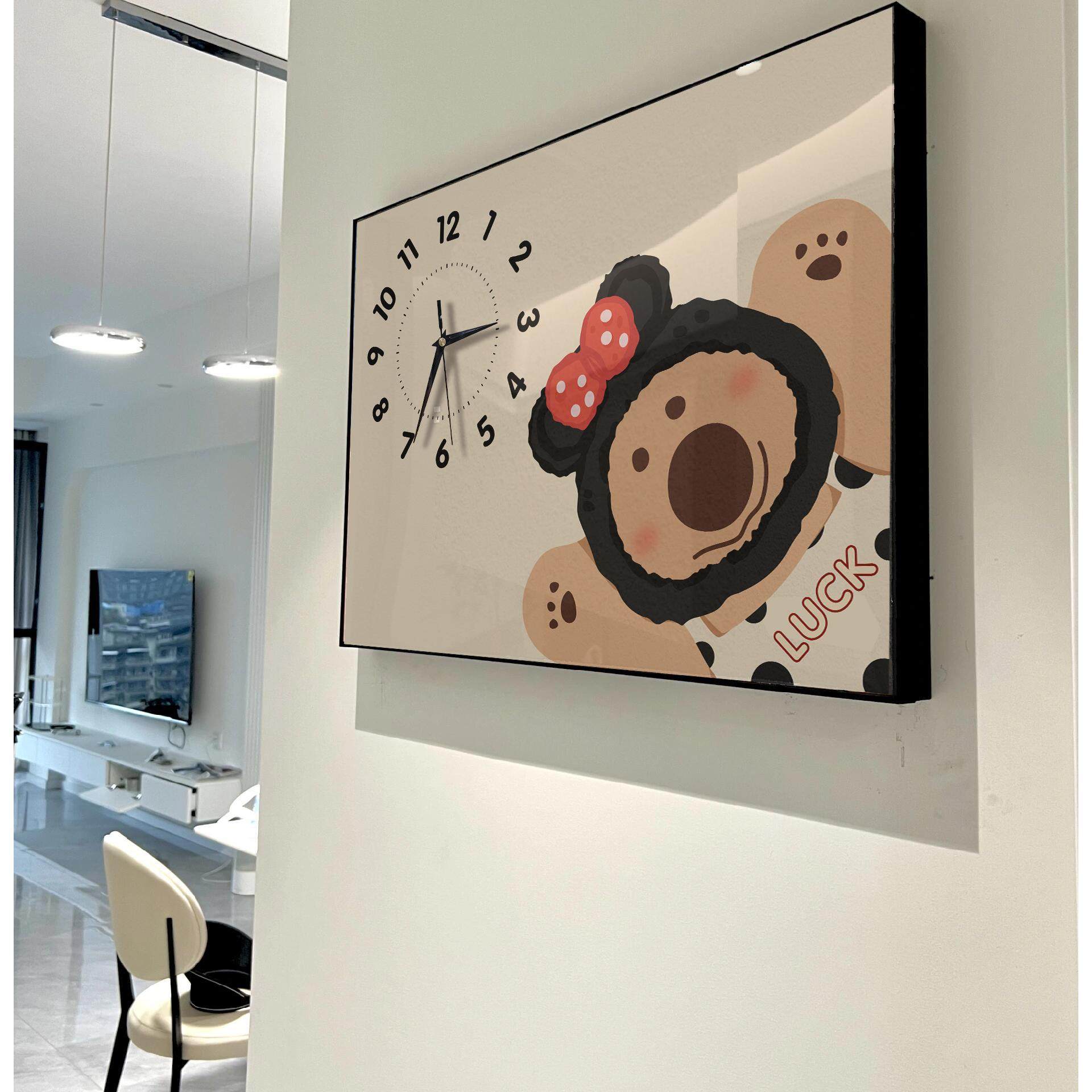 奶油风卡通熊电表箱装饰画带钟表客餐厅时钟电闸箱开关盒挂钟画