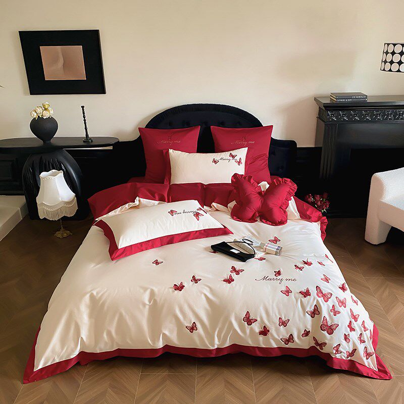 金喜鸟婚庆蝴蝶被套结婚床上用品四件套红色喜庆纯棉全棉2025新款