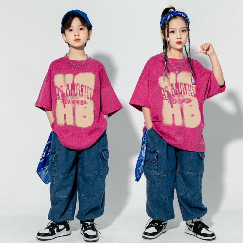 六一儿童街舞潮服酷帅男童水洗做旧短袖hiphop潮装爵士舞服装女童