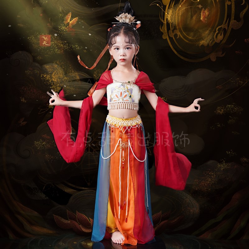 新款中国风汉服舞蹈服敦煌飞天儿童演出服异域风情古典舞反弹琵琶