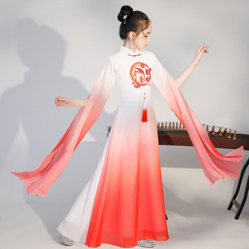 汉服女童古筝演出服中国风中大童飘逸水袖长笛钢琴长裙儿童表演服