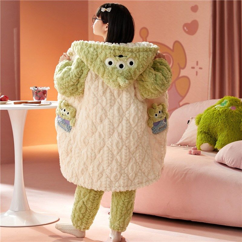 儿童睡衣女童秋冬季法兰绒三层夹棉女孩中大童珊瑚绒睡袍长款套装