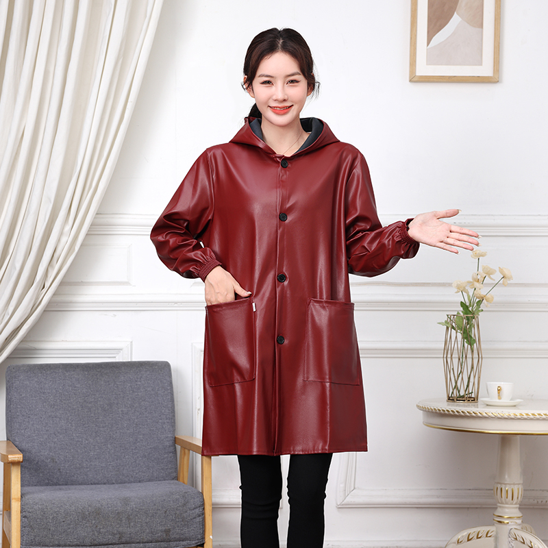 皮革加绒秋冬女罩衣加厚皮衣大人男工作服防水防油大褂pu外套长袖