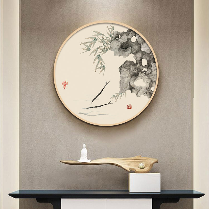 新中式圆形挂画太湖石入户玄关装饰画客厅餐厅书房竹子茶室禅意画图片