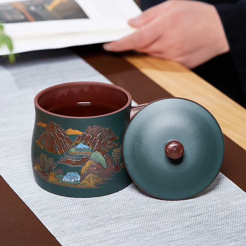 宜兴紫砂杯男士茶杯苏门答腊青原矿高端泡茶盖杯个人专用茶具绿泥