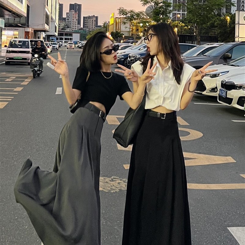 LAOYU 西装半身裙女秋冬季新款高腰显瘦大摆裙百褶裙黑色伞裙长裙