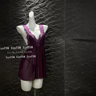 驯服的猫 「若隐若现」性感纯欲紫色蕾丝网纱高级御姐吊带睡裙