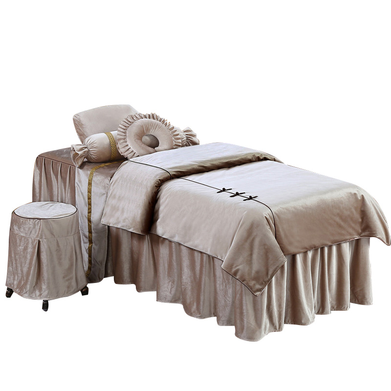 若比邻美容床罩四件套按摩纹绣床套美容院四件套中式床罩定做方头