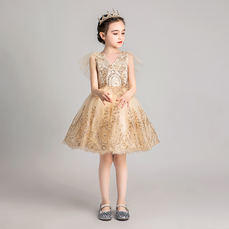 女童礼服公主裙蓬蓬纱生日金色走秀舞台儿童主持人钢琴演出服表演