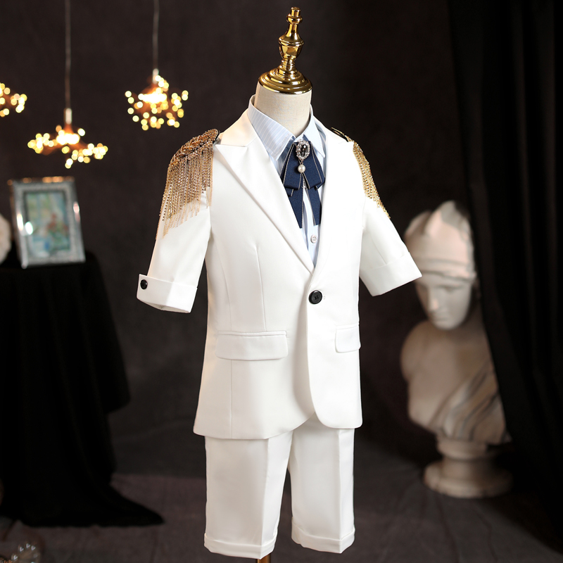 男童西服短袖白色中大童走秀小西装花童礼服男童主持人钢琴演出服