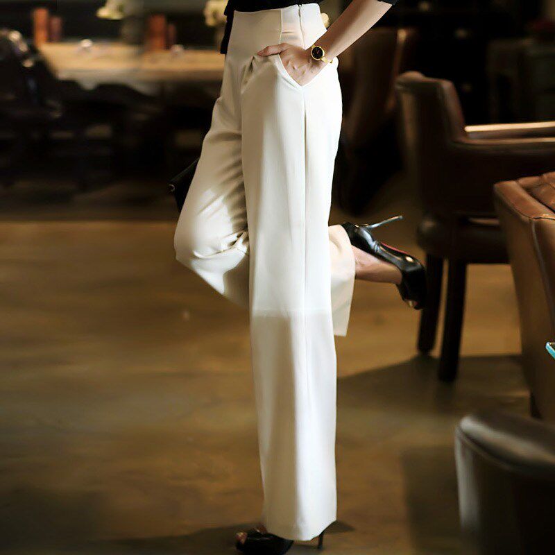 白色侧拉链西裤女长裤夏季超高腰裤子直筒阔腿西装裤正装显瘦职业
