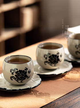 民窑雕花品茗杯复古风小茶杯磁州窑青灰釉陶瓷家用中式功夫茶具