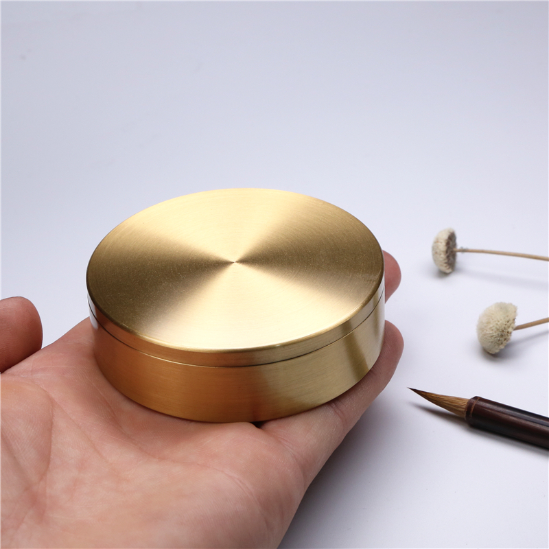 文房纯铜墨盒书法墨盒文房便携学生多功能带盖圆形印泥盒墨匣镇纸