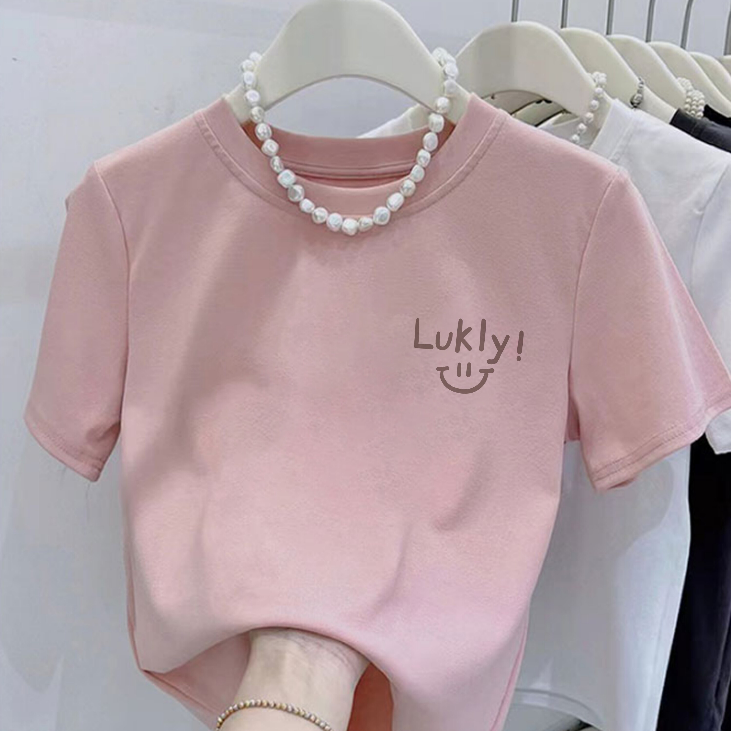 夏季新款圆领印花短袖t恤LUCKY笑脸女修身时尚休闲半袖洋气衣服女