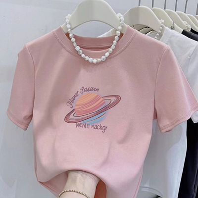 纯棉短袖t恤女紫色星球印花正肩显瘦小个子百搭潮流洋气上衣