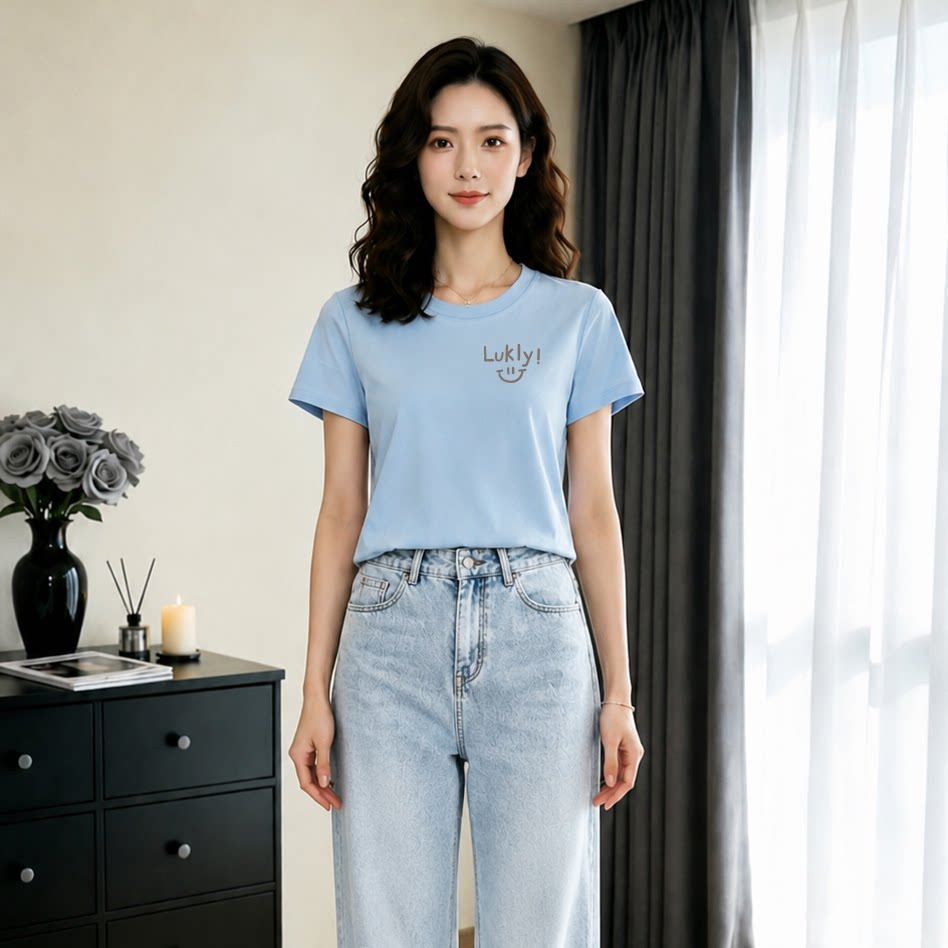 夏季新款圆领印花短袖t恤LUCKY笑脸女修身时尚休闲半袖洋气衣服女