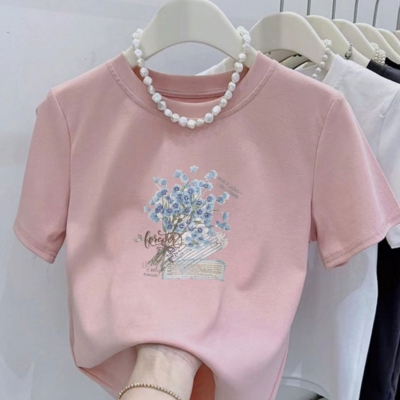 纯棉短袖t恤女复古干花花束印花正肩显瘦小个子百搭潮流洋气上衣