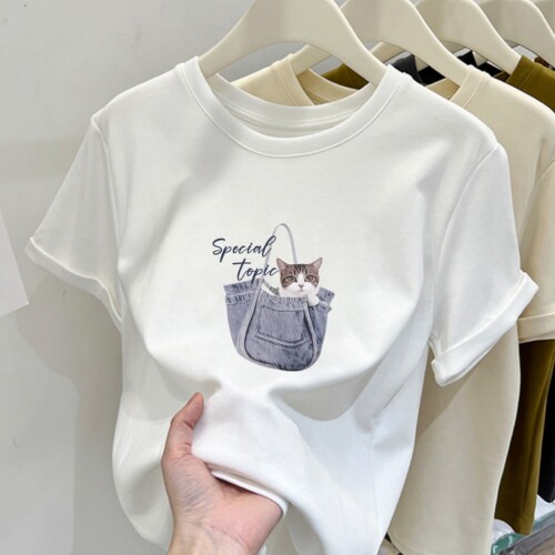 夏季新款牛仔背包小猫印花圆领短袖t恤女时尚修身半袖小个子上衣