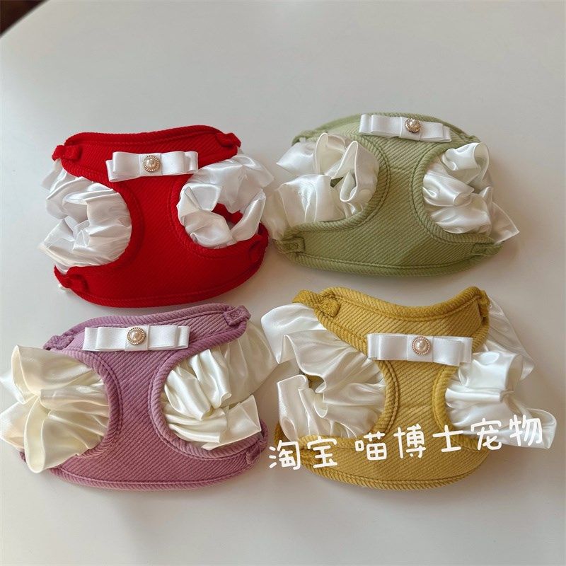 宠物猫咪狗狗小型犬背心式胸背带牵引绳遛狗遛猫绳韩W系花边蝴蝶