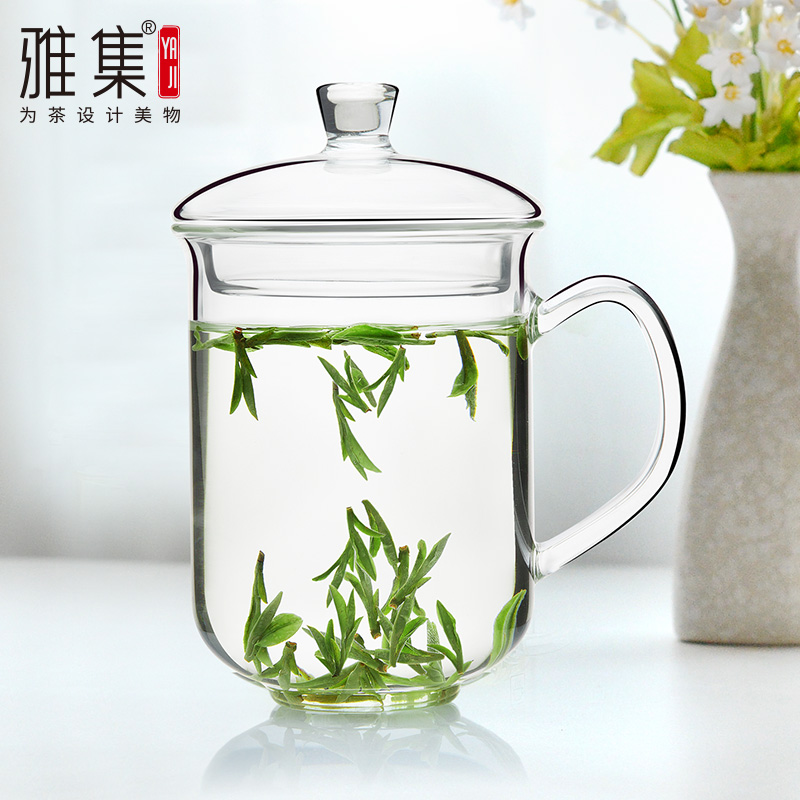 雅集玻璃杯办公杯水杯 耐热玻璃泡茶杯带盖M会议杯加厚透明玻璃杯