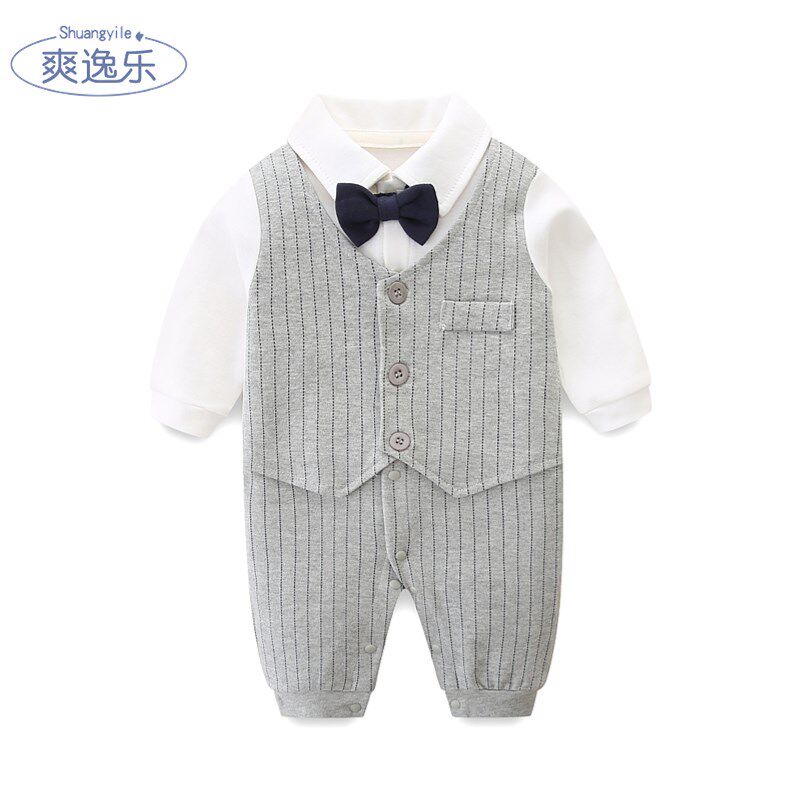 男宝宝百天日宴会秋衣周r岁礼服满月衣服纯棉绅士婴儿连体衣春秋