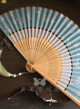 人气精品b6寸夏季女扇日用扇双截扇面折叠携带小扇子旗袍扇淡蓝