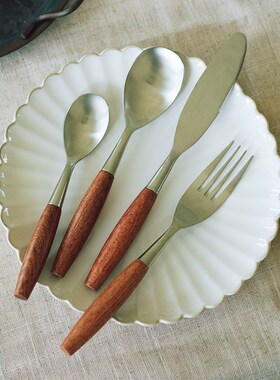 西餐牛排刀叉复古木手柄不锈钢甜品勺L叉餐具勺子套装汤勺餐刀
