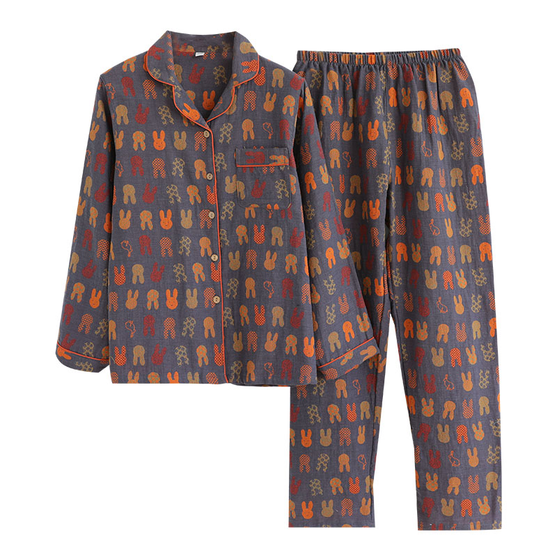 色织复古小兔情侣睡衣女纯棉纱布春秋G薄款长袖男士家居服套装翻