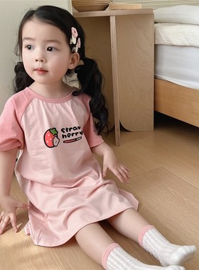 儿童睡裙A类纯棉夏季短袖白w雪公主风女宝睡衣仙气女大童夏天薄款