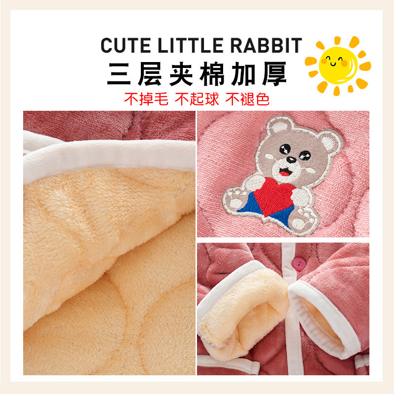 儿童冬季睡衣法兰绒三层加厚夹棉套装宝宝男童R女童珊瑚绒家居服