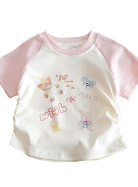 女童卡通T恤25新款夏季拼色撞A色印花短袖中小儿童纯棉百搭上衣潮