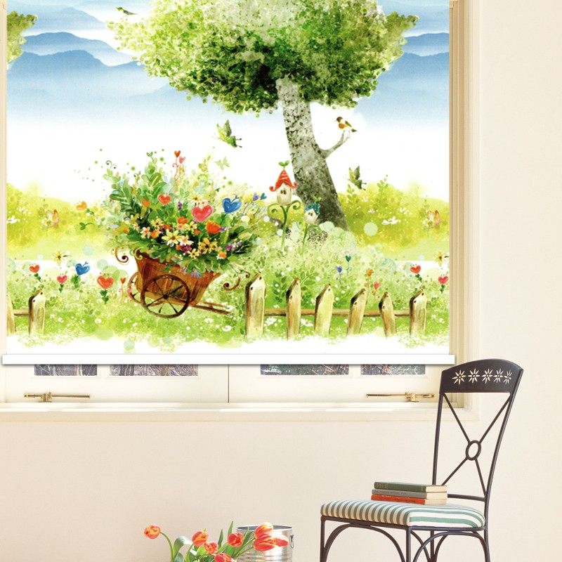 免打孔升降窗帘卧室厨房卫生间全遮光山水风景P画防水隔热手拉卷