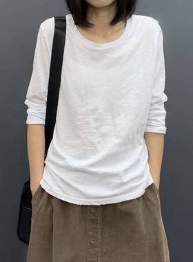 2021秋季新款j韩版宽松显瘦文艺竹节棉套头圆领长袖T恤衫女打底衫