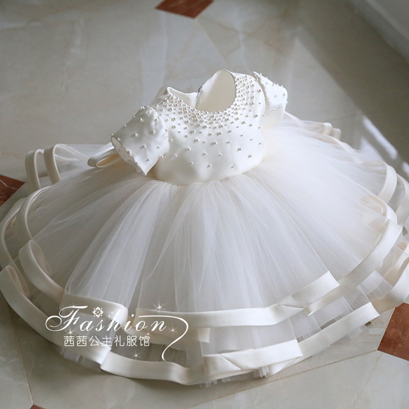 儿童礼服公e主裙花童婚纱冬款纱裙钢琴演出服小主持人晚礼服白色