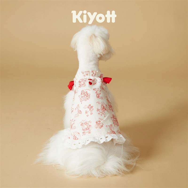 KIYOTT h复古小飞袖印花蕾丝裙猫咪狗狗德文宠物吊带裙睡衣拼色